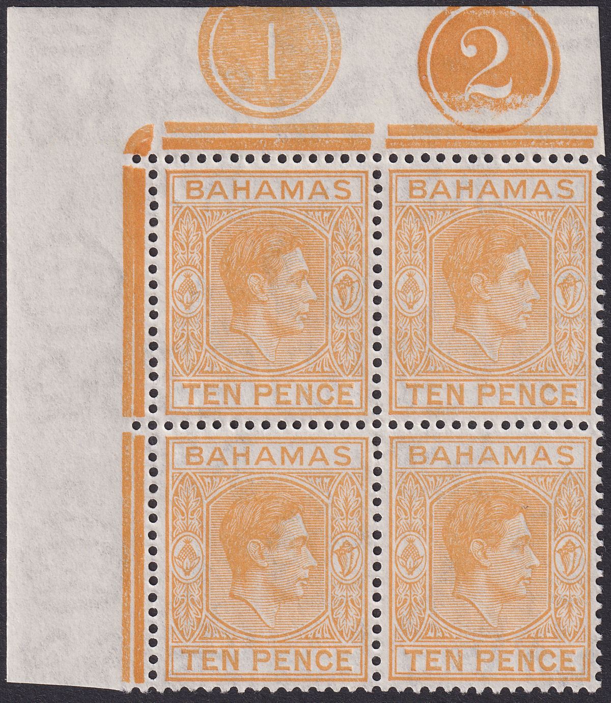 Bahamas 1951 King George VI 10d Yellow-Orange Plate 1-2 Block of 4 Mint SG154c