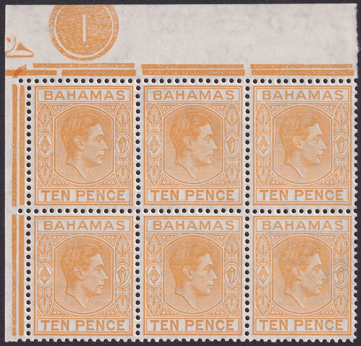 Bahamas 1951 KGVI 10d Yellow-Orange Plate Block w TEN.PENCE Variety Mint SG154c