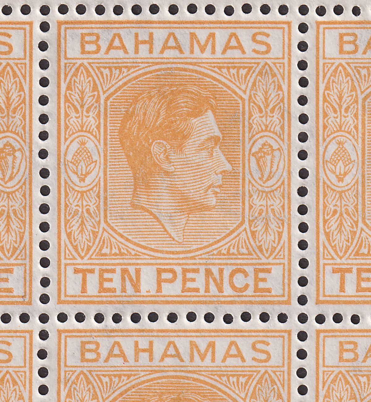 Bahamas 1951 KGVI 10d Yellow-Orange Plate Block w TEN.PENCE Variety Mint SG154c