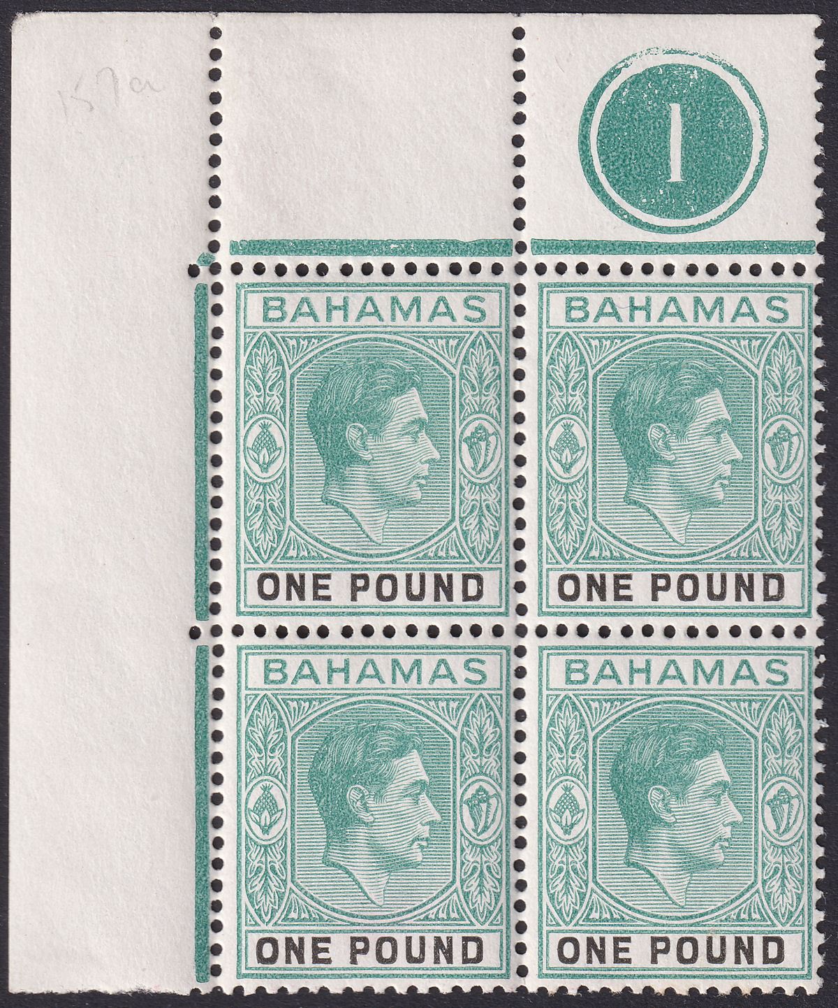 Bahamas 1943 KGVI £1 Blue-Green + Black Plate 1 Block of 4 Mint SG157a cat £260
