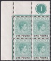 Click for more photos and details Bahamas 1943 KGVI £1 Blue-Green + Black Plate 1 Block of 4 Mint SG157a cat £260