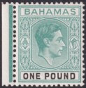Click for more photos and details Bahamas 1943 KGVI £1 Blue-Green and Black Marginal Mint SG157a cat £65