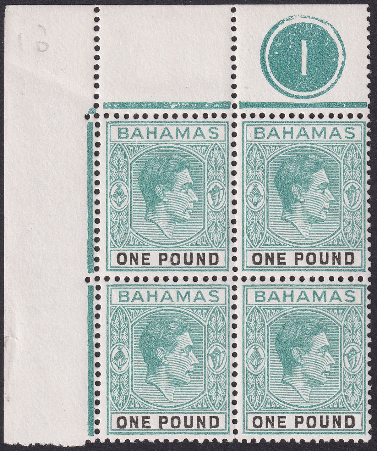 Bahamas 1943 KGVI £1 Blue-Green + Black Plate 1 Block of 4 Mint SG157a cat £260