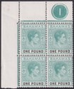 Click for more photos and details Bahamas 1943 KGVI £1 Blue-Green + Black Plate 1 Block of 4 Mint SG157a cat £260