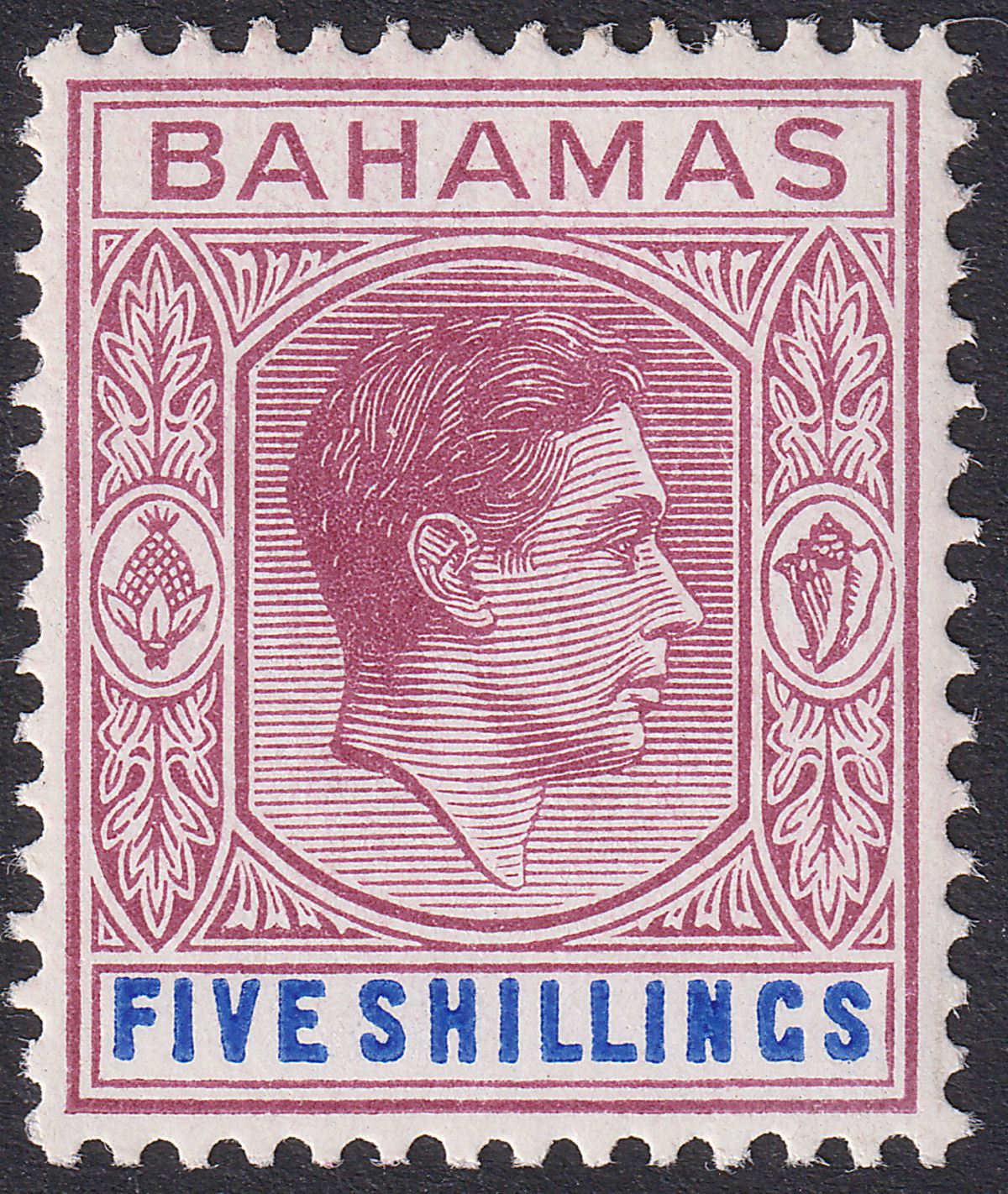 Bahamas 1951 KGVI 5sh Red-Purple and Deep Bright Blue Mint SG156e
