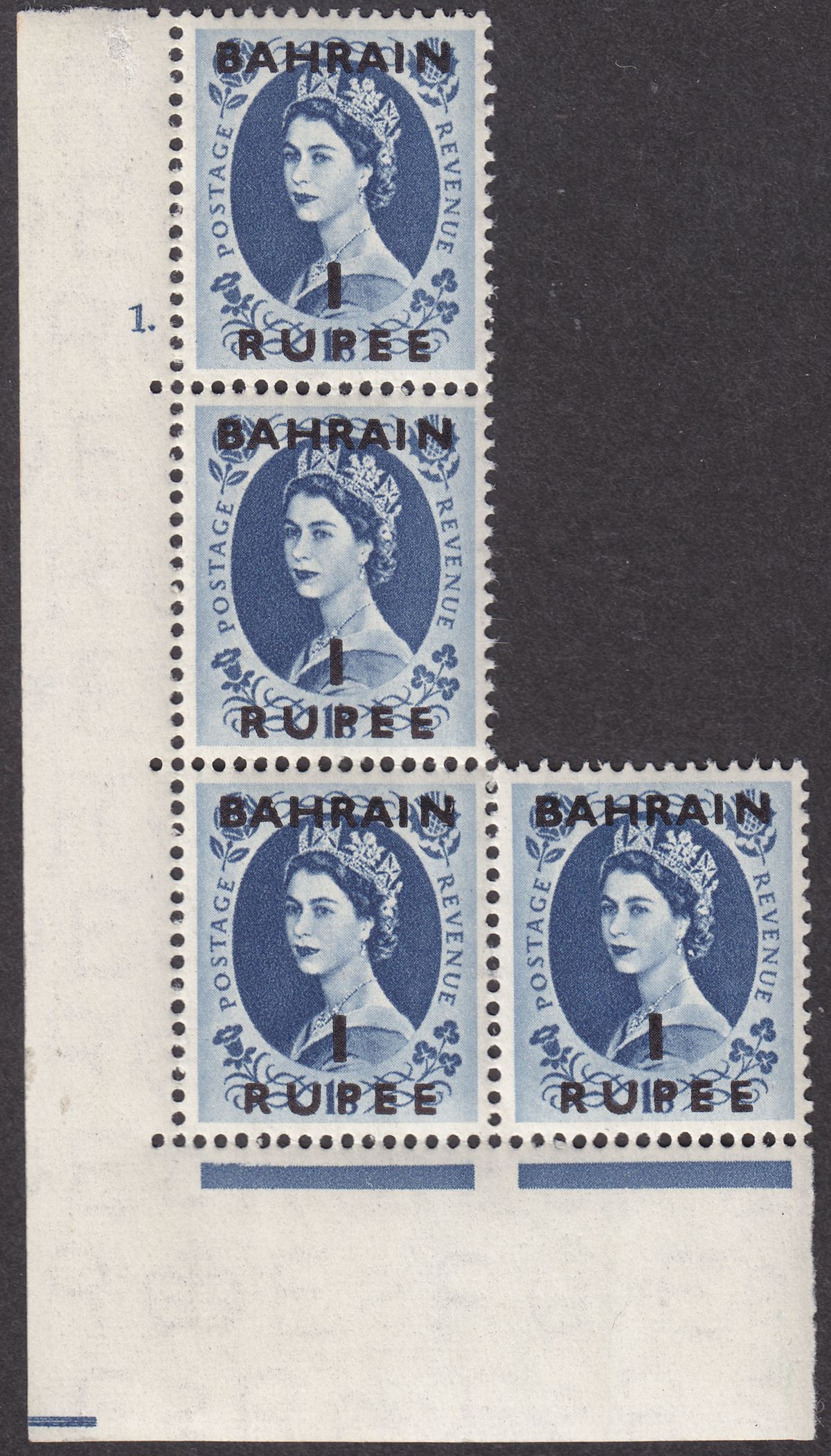 Bahrain 1957 QEII 1r Surcharge on 1sh6d Grey-Blue Block w Small Varieties Mint
