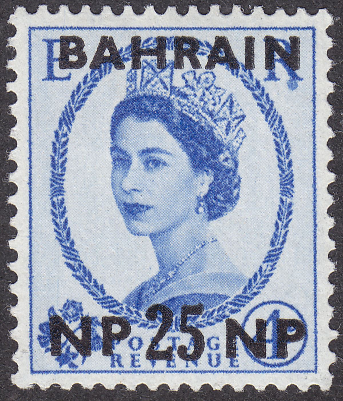 Bahrain 1957 QEII 25np Surcharge on 4d Ultramarine Dot Below R Variety Mint