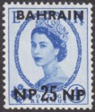 Click for more photos and details Bahrain 1957 QEII 25np Surcharge on 4d Ultramarine Dot Below R Variety Mint