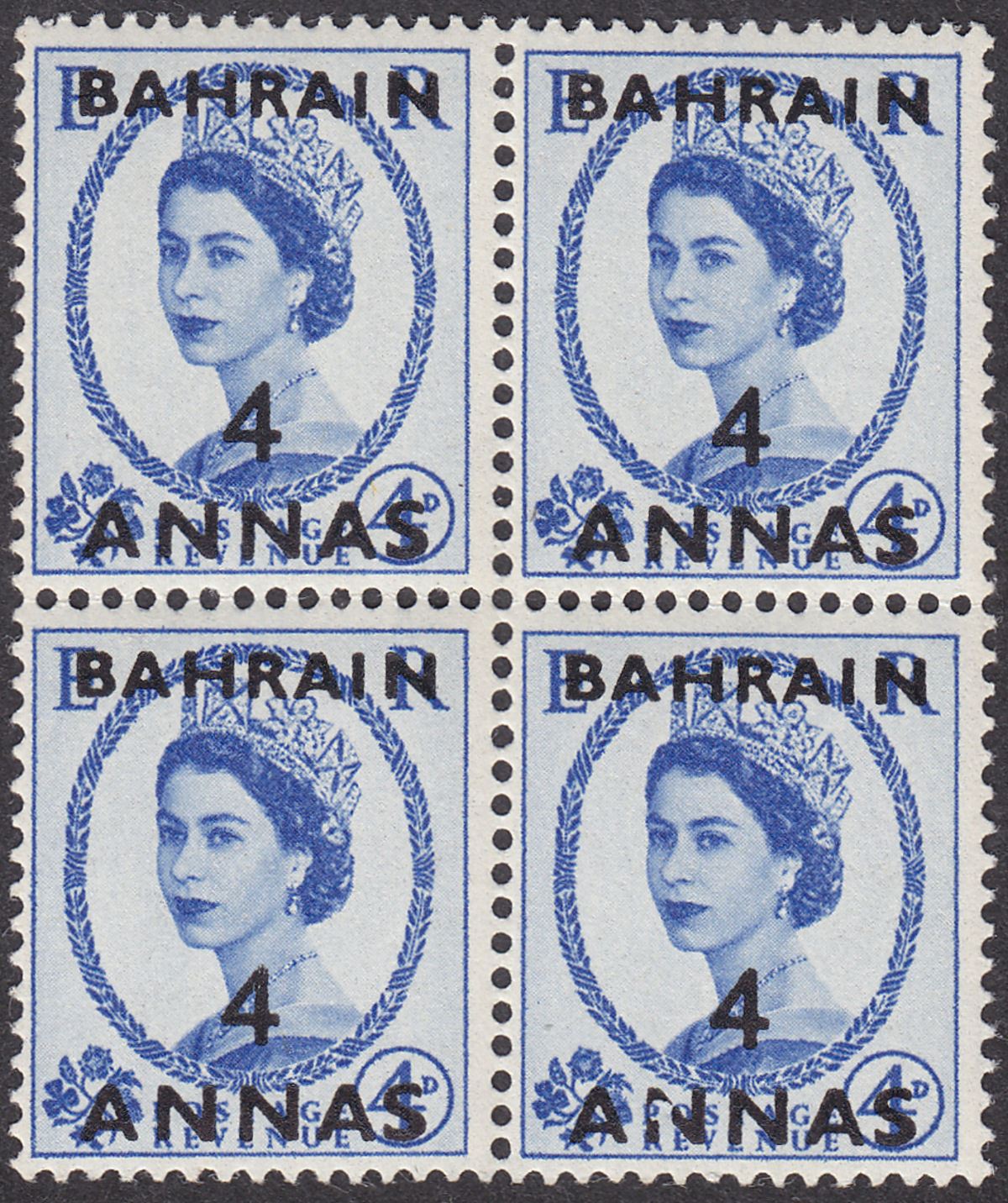 Bahrain 1956 QEII 4a Surcharge on 4d Block of 4 w Broken N of ANNAS Variety Mint