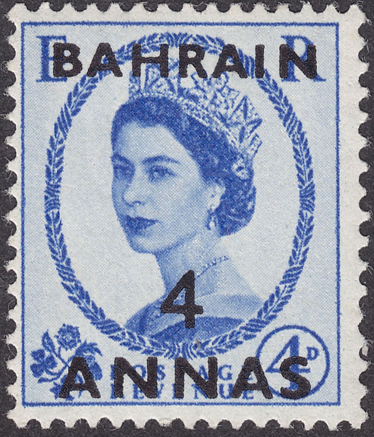 Bahrain 1956 QEII 4a Surcharge on 4d Ultramarine Retouch to Neck Variety Mint