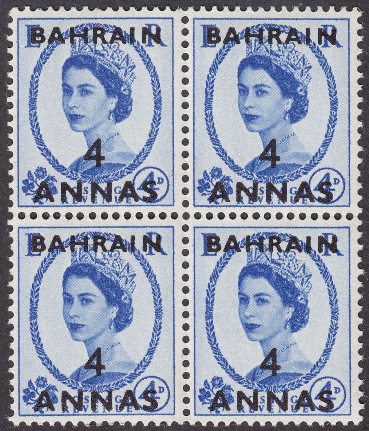 Bahrain 1956 QEII 4a Surcharge on 4d Block of 4 w Retouch to Neck Variety Mint