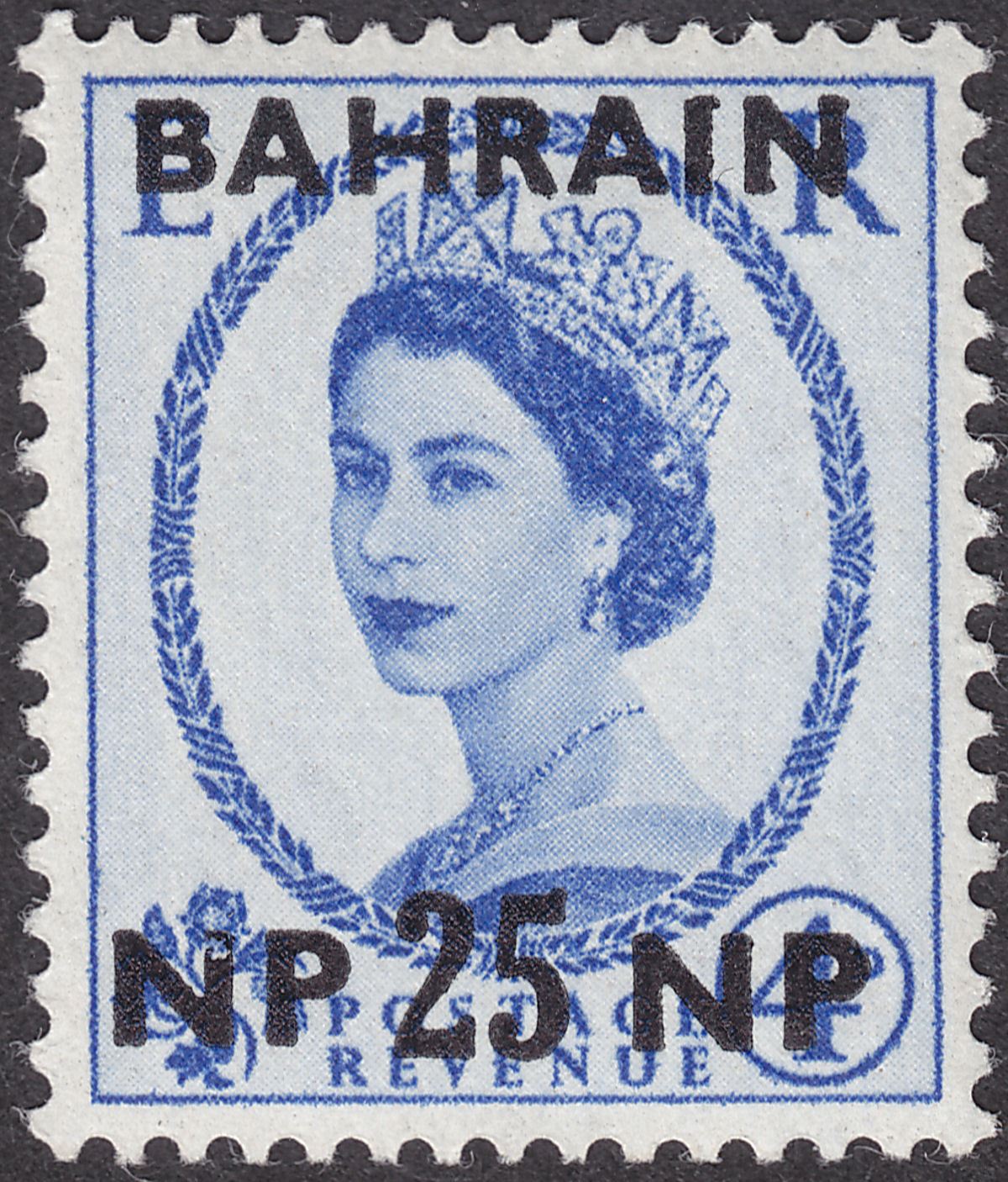 Bahrain 1957 QEII 25np Surcharge on 4d Broken N on Left NP Variety Mint