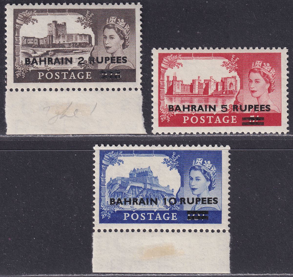 Bahrain 1955 QEII Castles Surcharge Set (Type I) Mint SG94-96 cat £40
