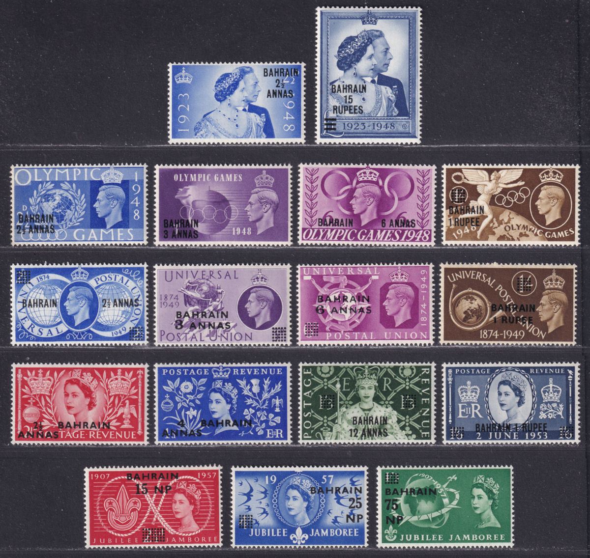 Bahrain 1948-57 KGVI-QEII incl Royal Silver Wedding/Olympic Games /UPU Sets Mint