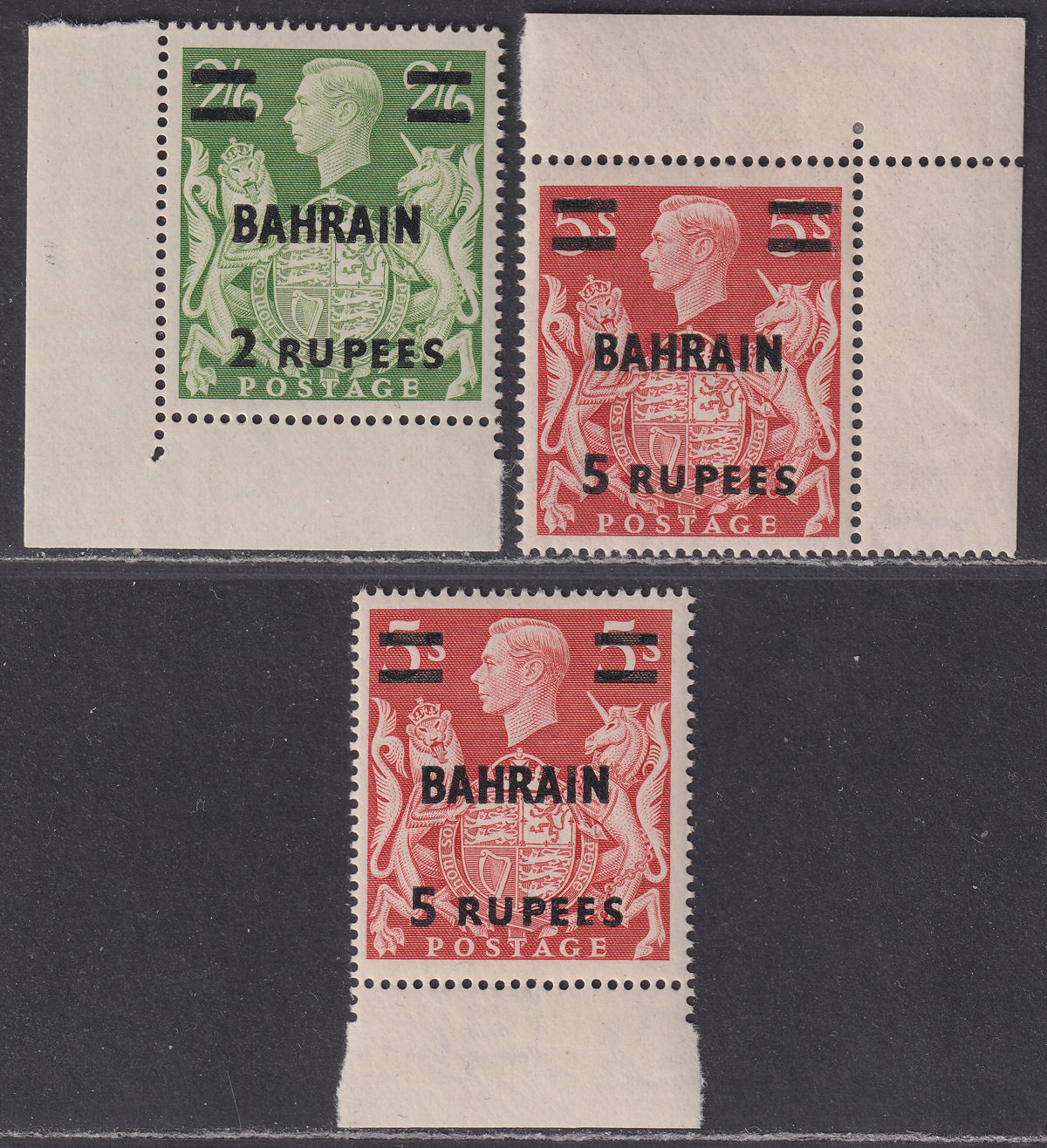 Bahrain 1948 King George VI 2r on 2sh6d, 5r on 5sh Surcharges Mint SG59-60