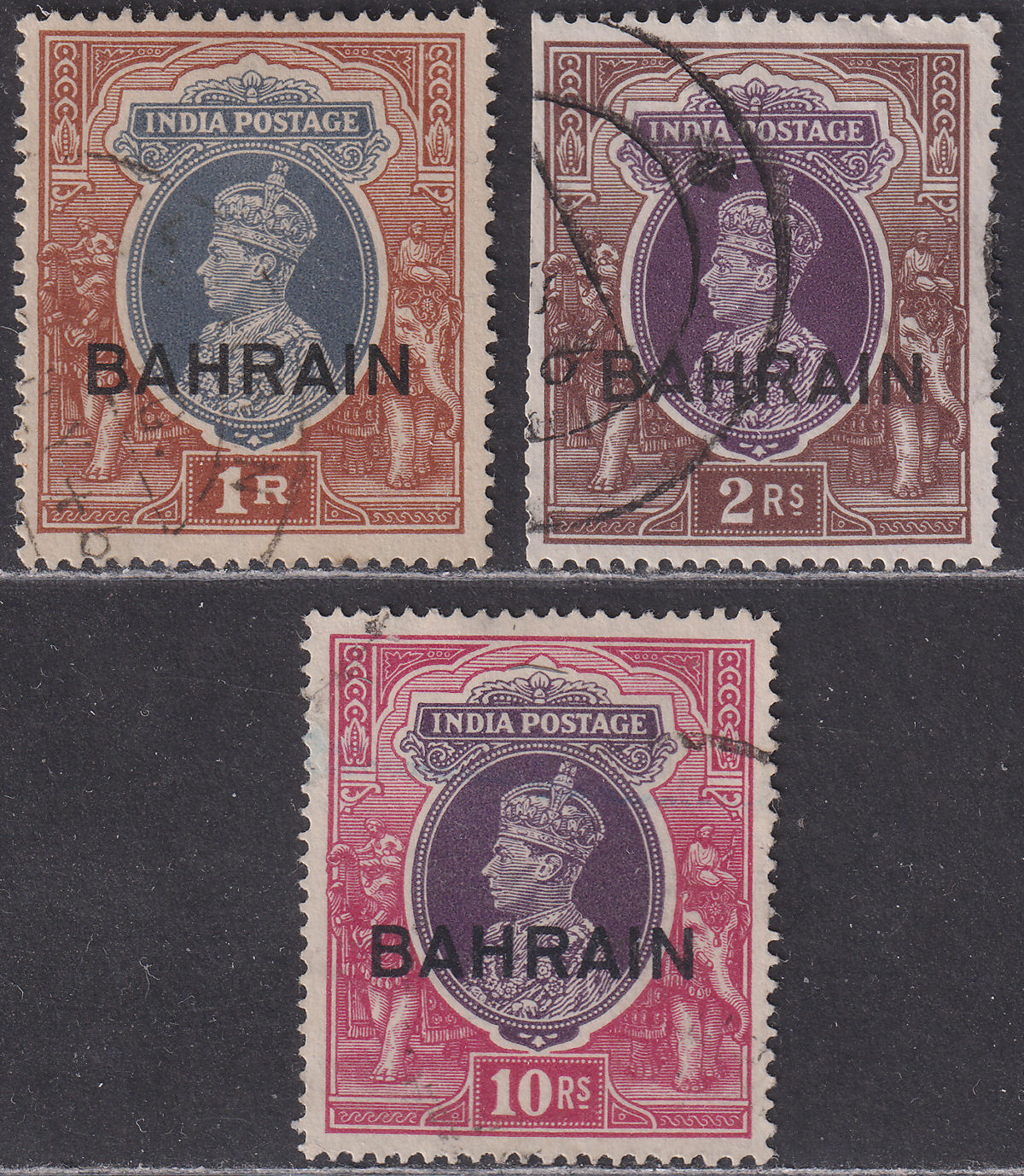 Bahrain 1940-41 King George VI 1r, 2r, 10r Overprint Used SG32-33 SG35 cat £90
