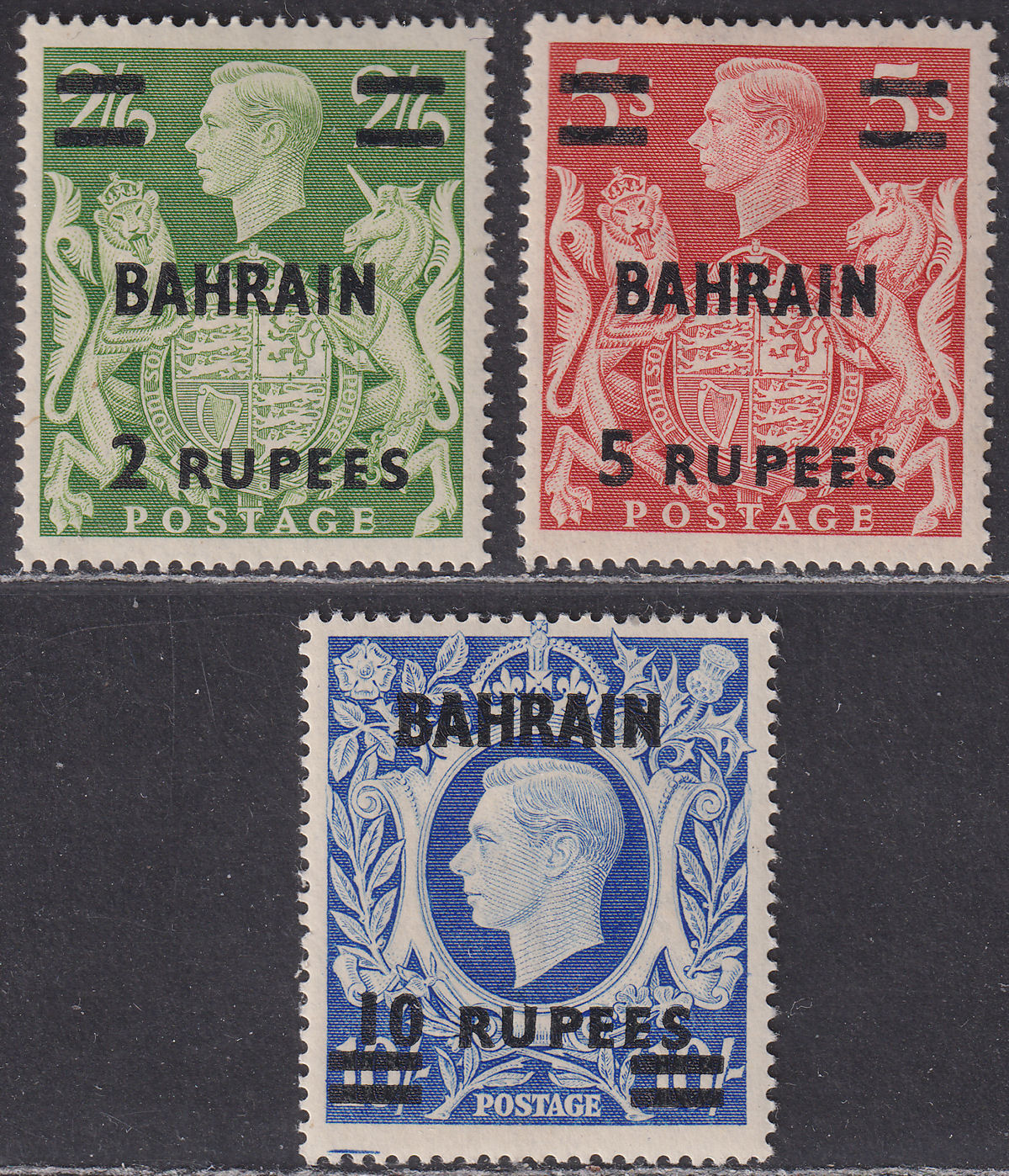 Bahrain 1948-49 King George VI 2r, 5r, 10r Surcharges Mint SG59-60a cat £100