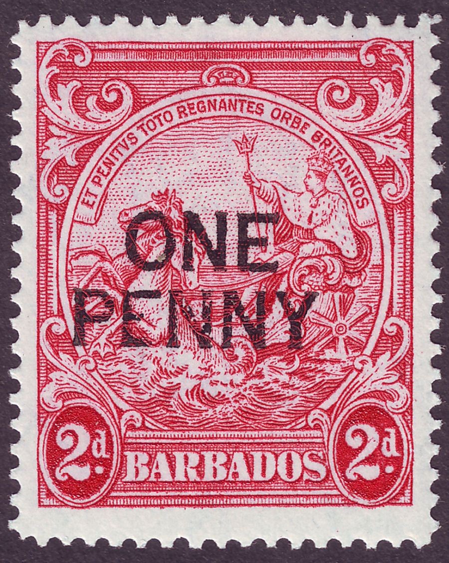 Barbados 1947 KGVI 1d Surcharge on 2d Carmine p14 Variety Broken E Mint SG264d