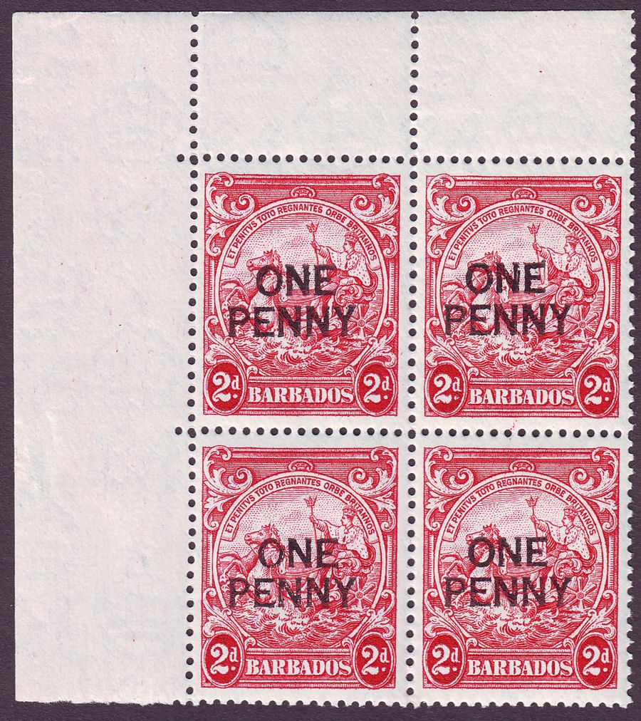 Barbados 1947 KGVI 1d Surcharge on 2d Carmine Four Block p13½ x 13 Mint SG264e