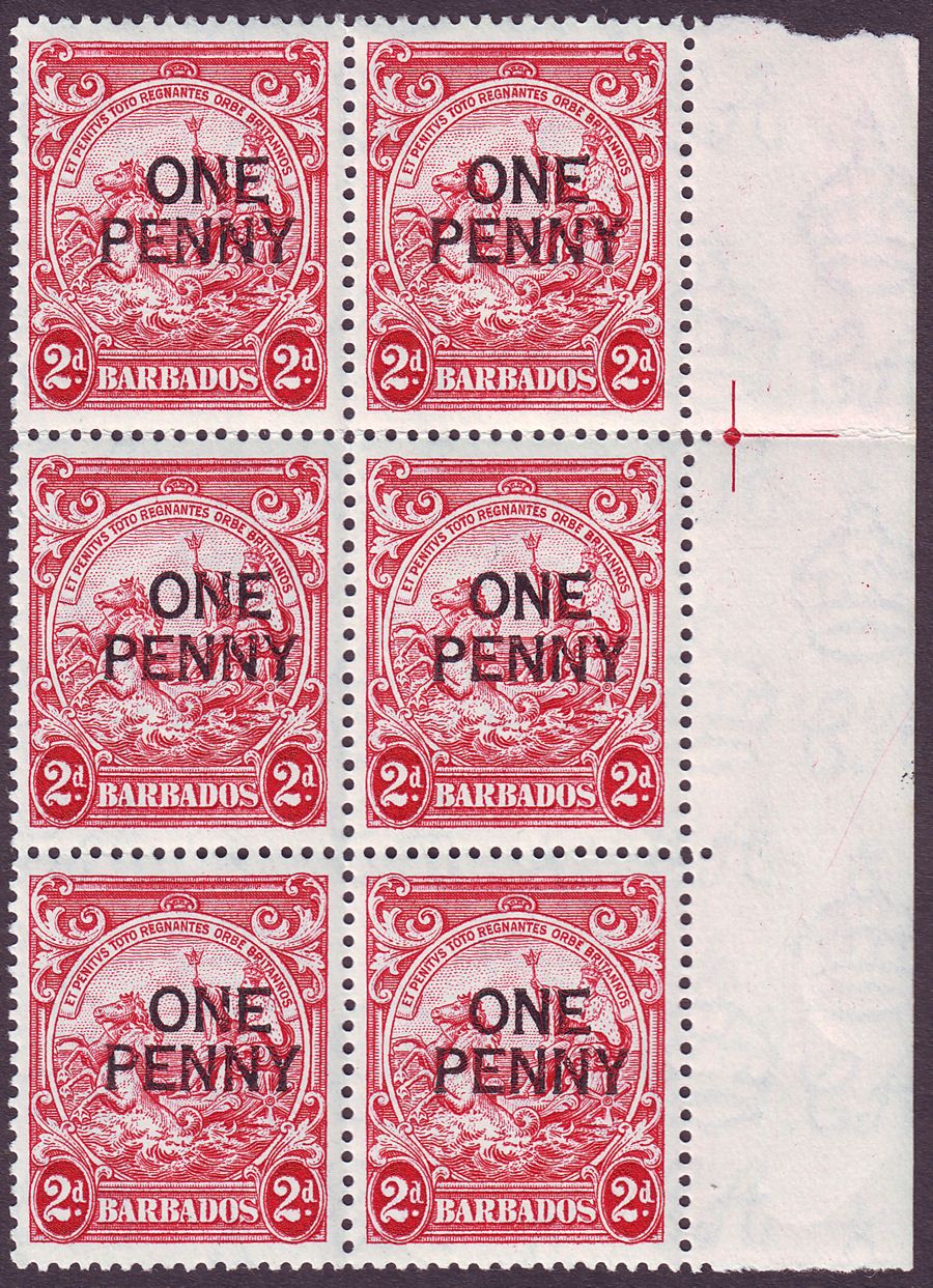 Barbados 1947 KGVI 1d Surcharge on 2d Marginal Six Block p13½ x 13 Mint SG264e