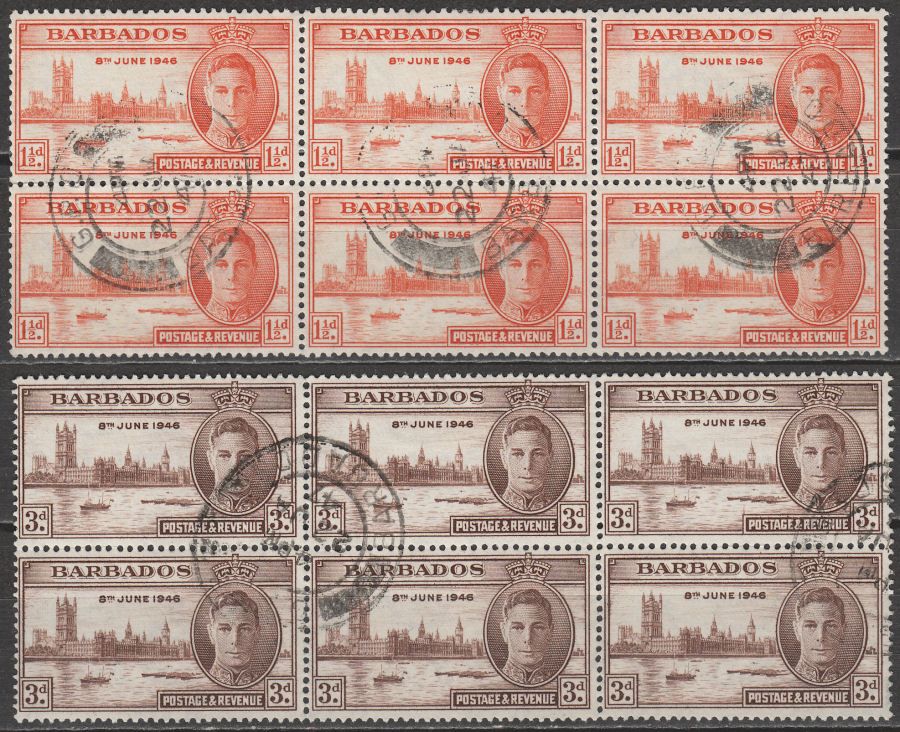 Barbados 1946 KGVI Victory Set in Blocks of Six Used SG262 SG263