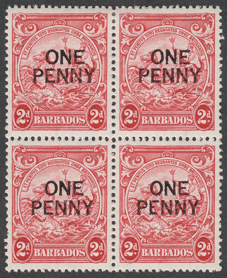 Barbados 1947 KGVI 1d on 2d Overprint Four Block with Broken E Mint SG264ed