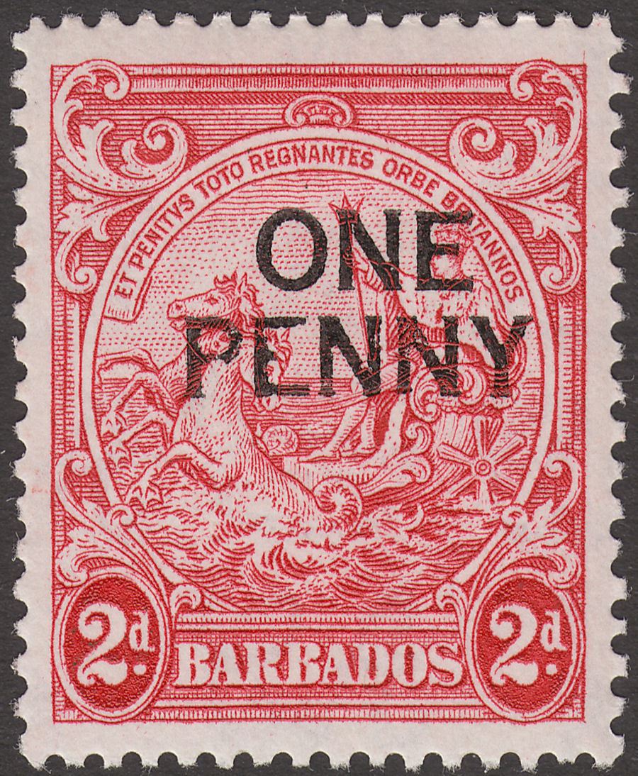 Barbados 1947 KGVI 1d Surcharge on 2d perf 13½x13 Variety Broken E Mint SG26ed