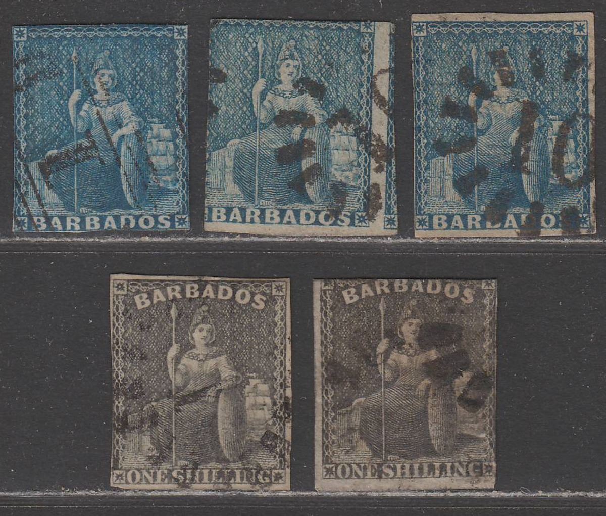 Barbados 1855-58 QV Britannia 1d Blue, 1sh Black Imperf* Selectn Used 1 clipped