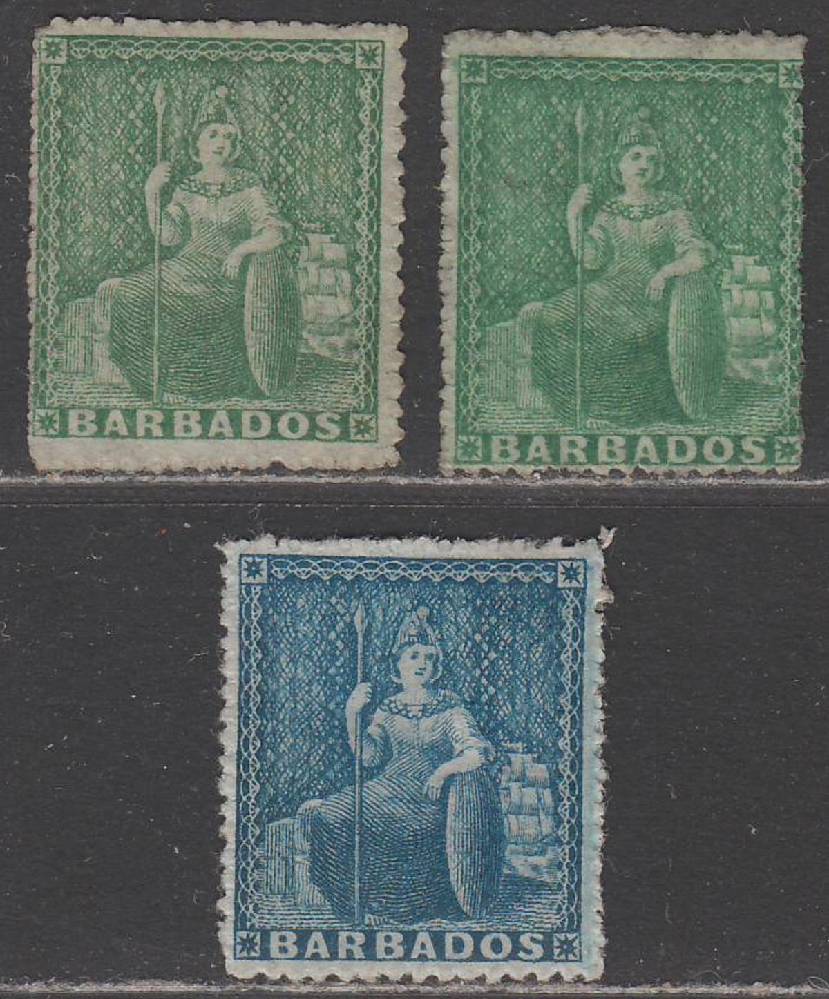Barbados 1861-70 QV unwatermarked Britannia ½d x2, 1d Unused