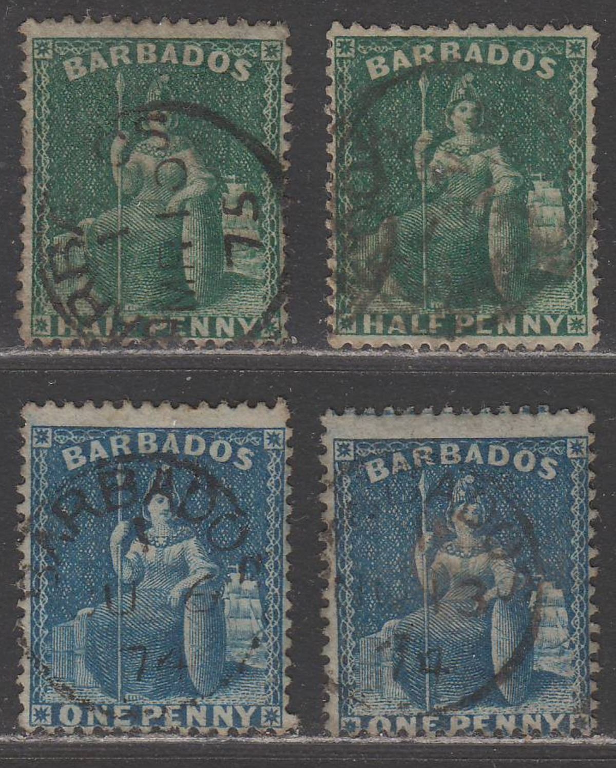 Barbados 1874 QV Britannia ½d Deep Green x2, 1d Deep Blue x2 p14 Used SG65-66