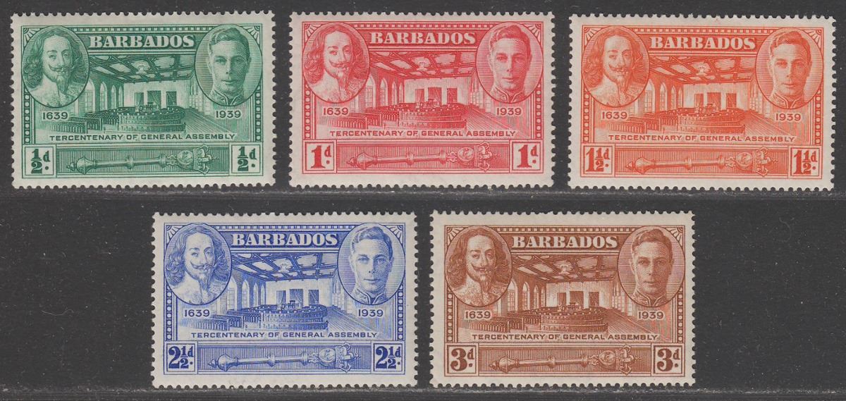 Barbados 1939 KGVI Tercentenary of General Assembly Set Mint SG257-261 cat £17