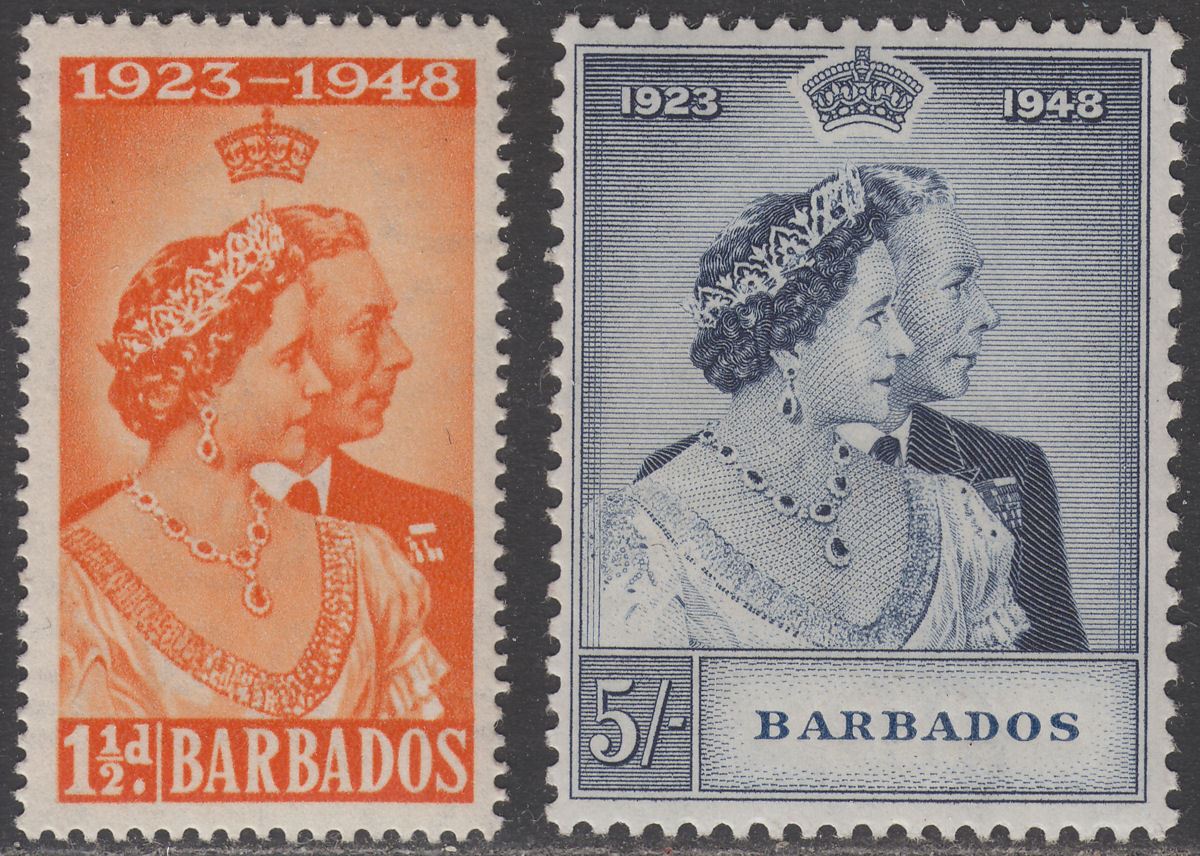 Barbados 1948 KGVI Royal Silver Wedding 1½d, 5sh Mint SG265-266 cat £17