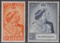Click for more photos and details Barbados 1948 KGVI Royal Silver Wedding 1½d, 5sh Mint SG265-266 cat £17