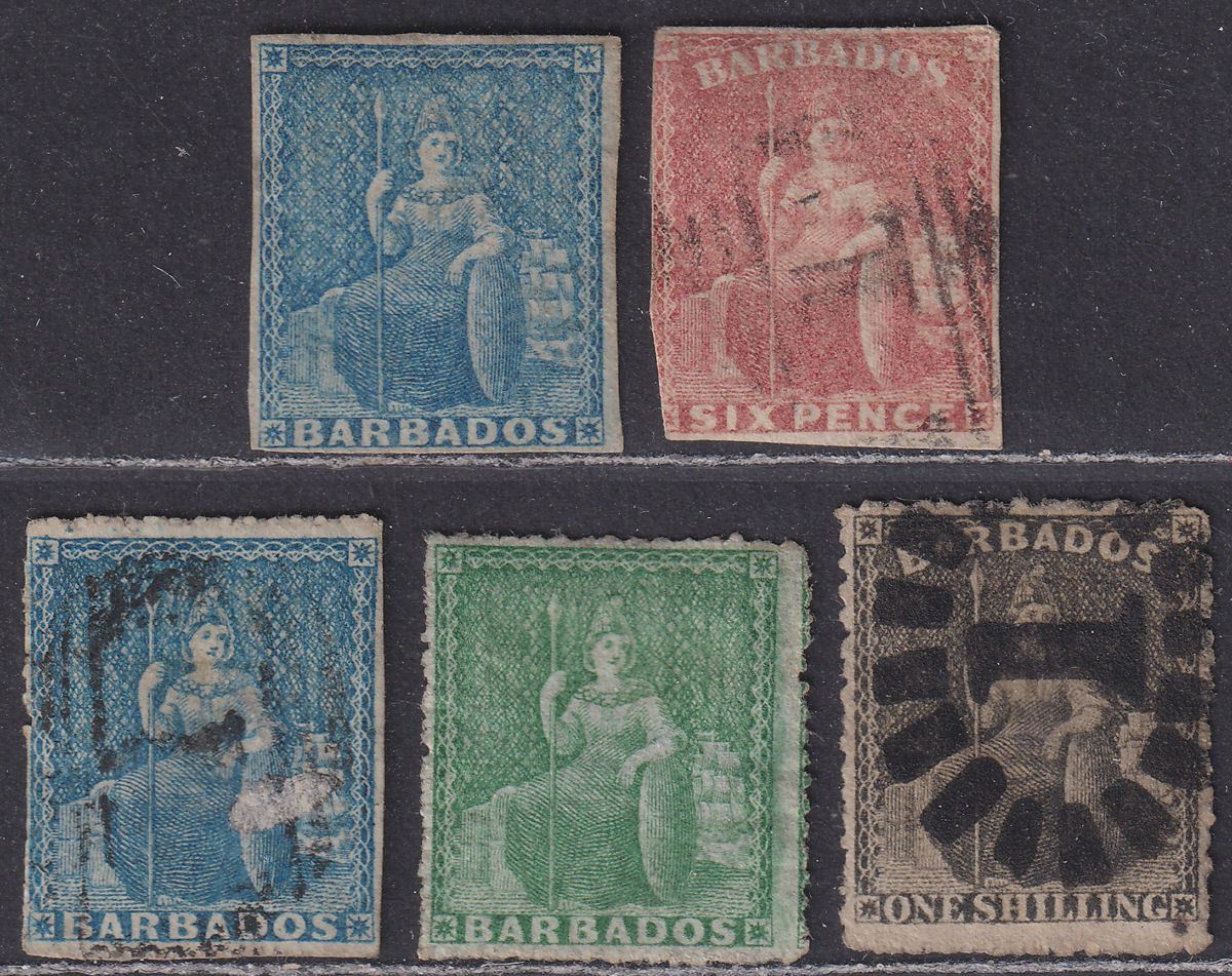 Barbados 1855-70 QV unwatermarked Britannia Selection to 1sh Used / Unused