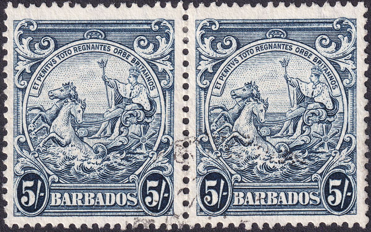 Barbados 1941 KGVI Badge 5sh Indigo Pair Used SG256a cat £30
