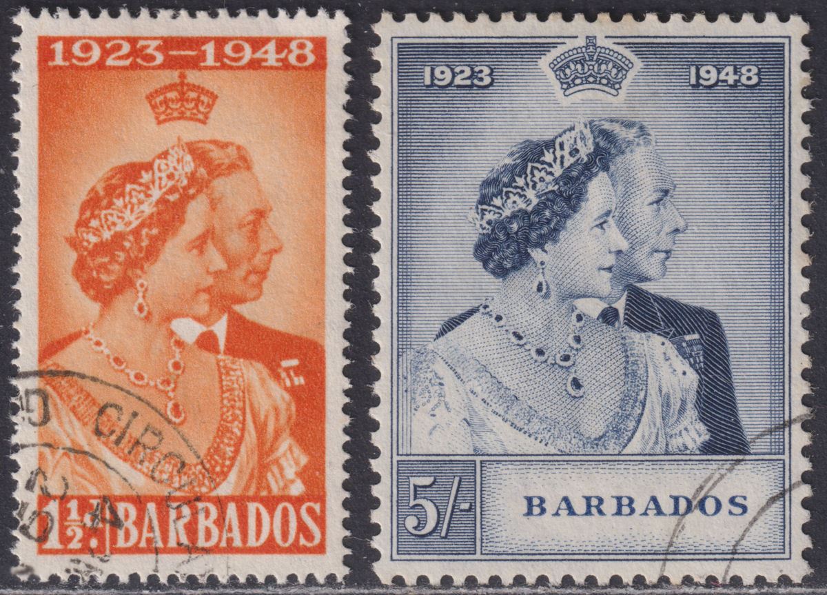 Barbados 1948 KGVI Royal Silver Wedding 1½d, 5sh Used SG265-266 cat £24