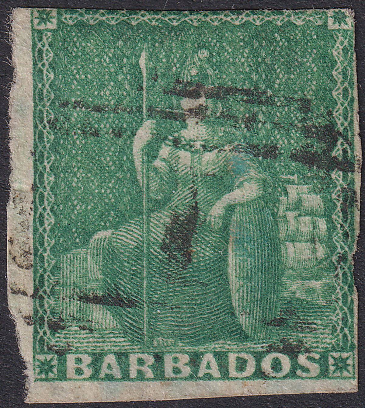 Barbados 1852 QV Britannia ½d Deep Green Imperf Used SG2 cat £325 with Faults