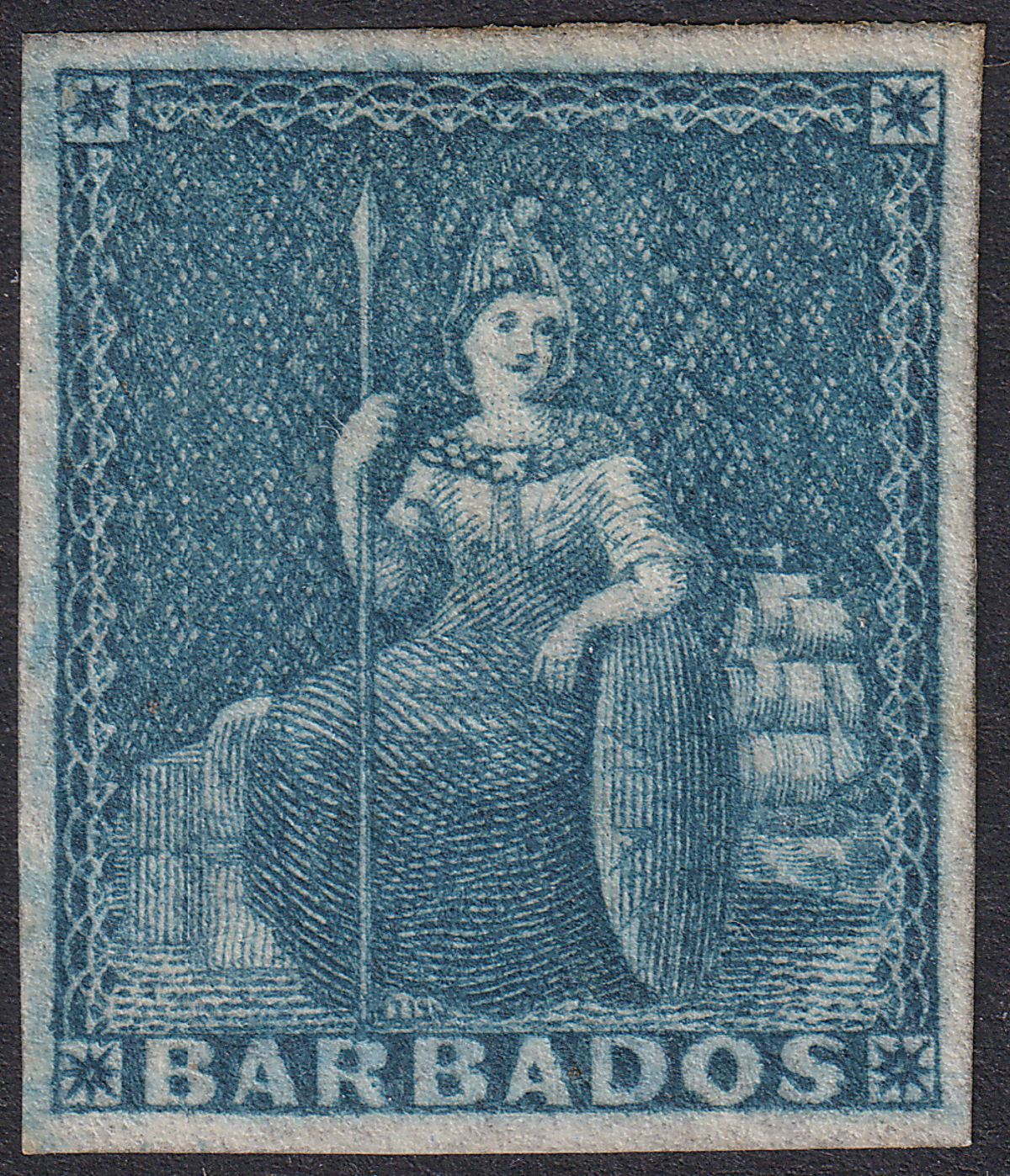 Barbados 1852 QV Britannia unissued Slate-Blue Imperf Mint SG5a cat £28