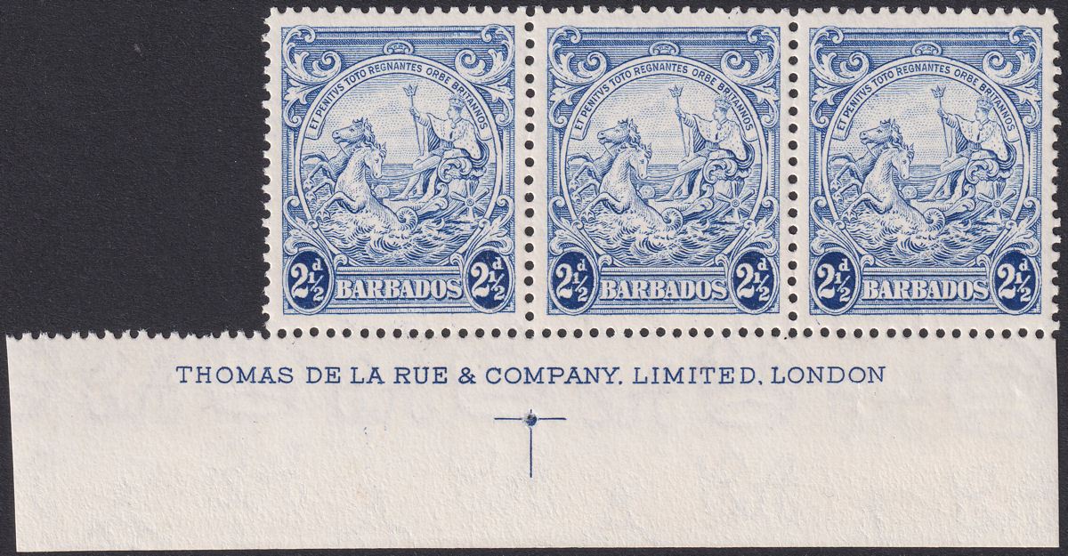 Barbados 1944 KGVI Badge 2½d Blue Imprint Strip of 3 Mint SG251b