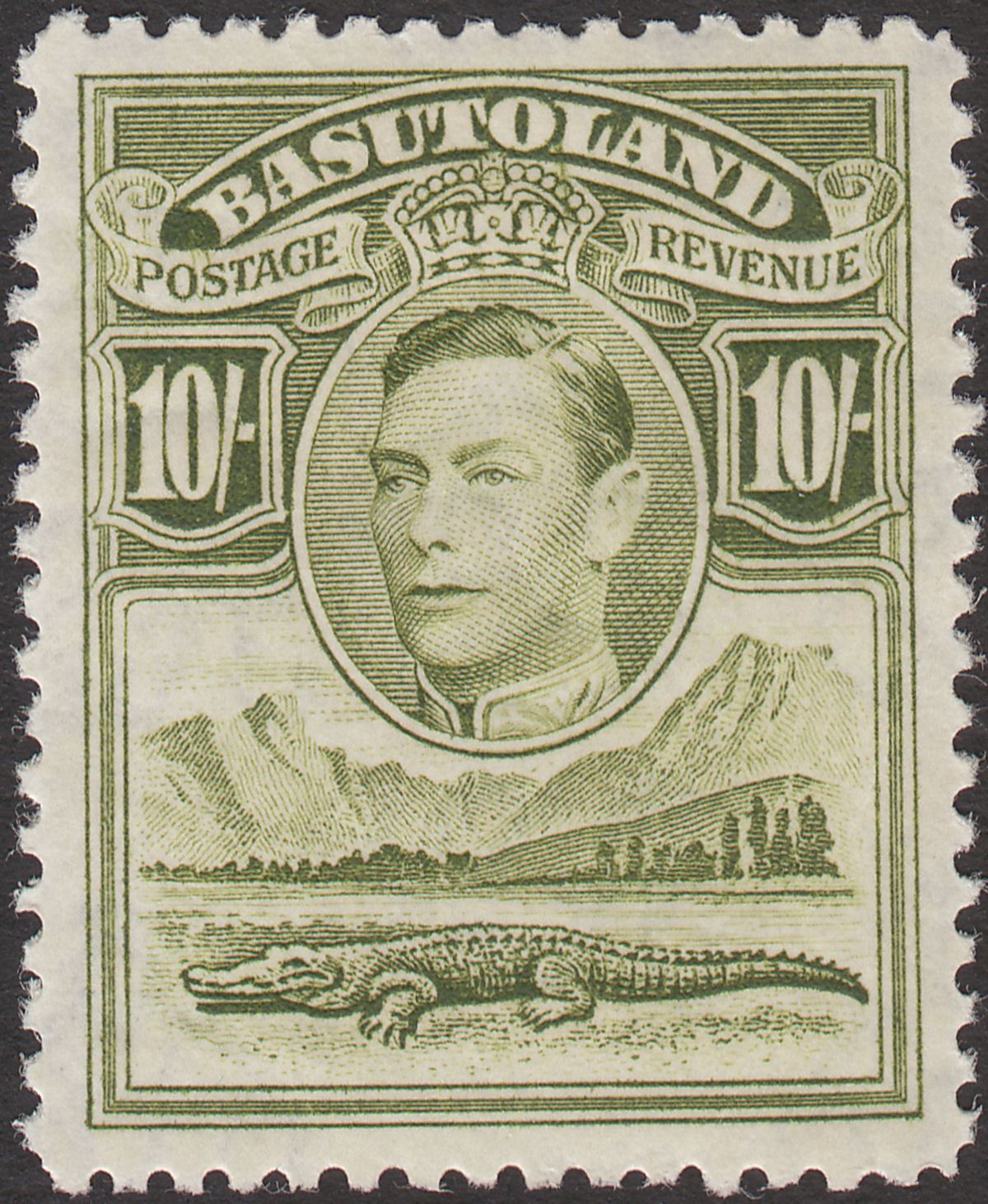 Basutoland 1938 KGVI 10sh Olive-Green Mint SG28 cat £60
