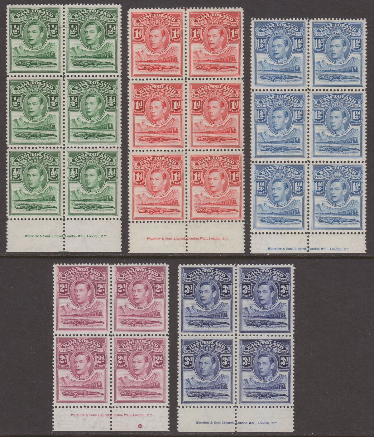 Basutoland 1938 KGVI Nile Crocodile Imprint Block Set to 3d UM Mint SG18-22