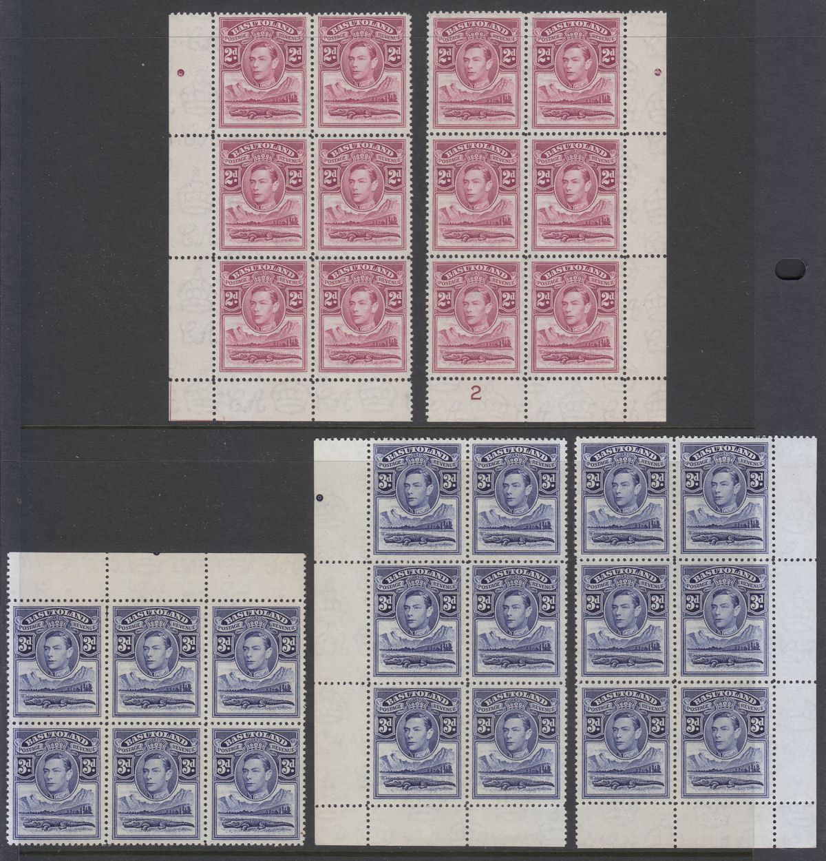 Basutoland 1938 KGVI Nile Crocodile Block Set 1d to 3d UM Mint SG19-22