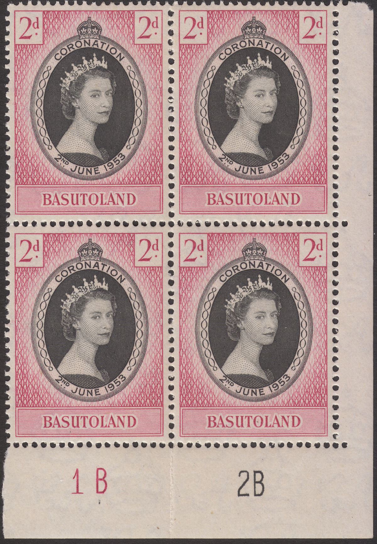 Basutoland 1953 QEII Coronation Plate No 1B 2B Block of 4 Mint SG42