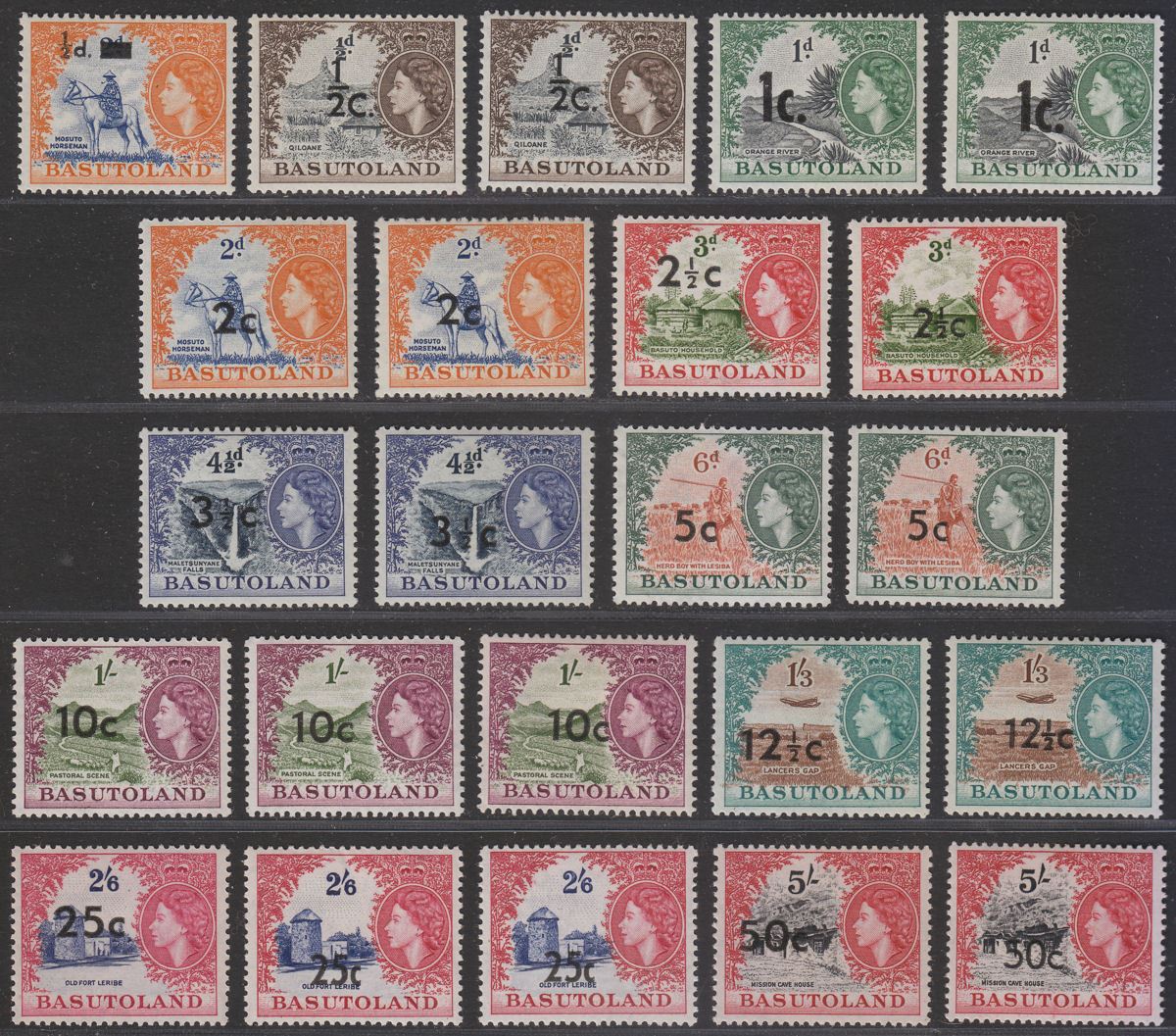 Basutoland 1961 QEII Currency Surcharge Set to 50c Mint SG58-67 w types + shades