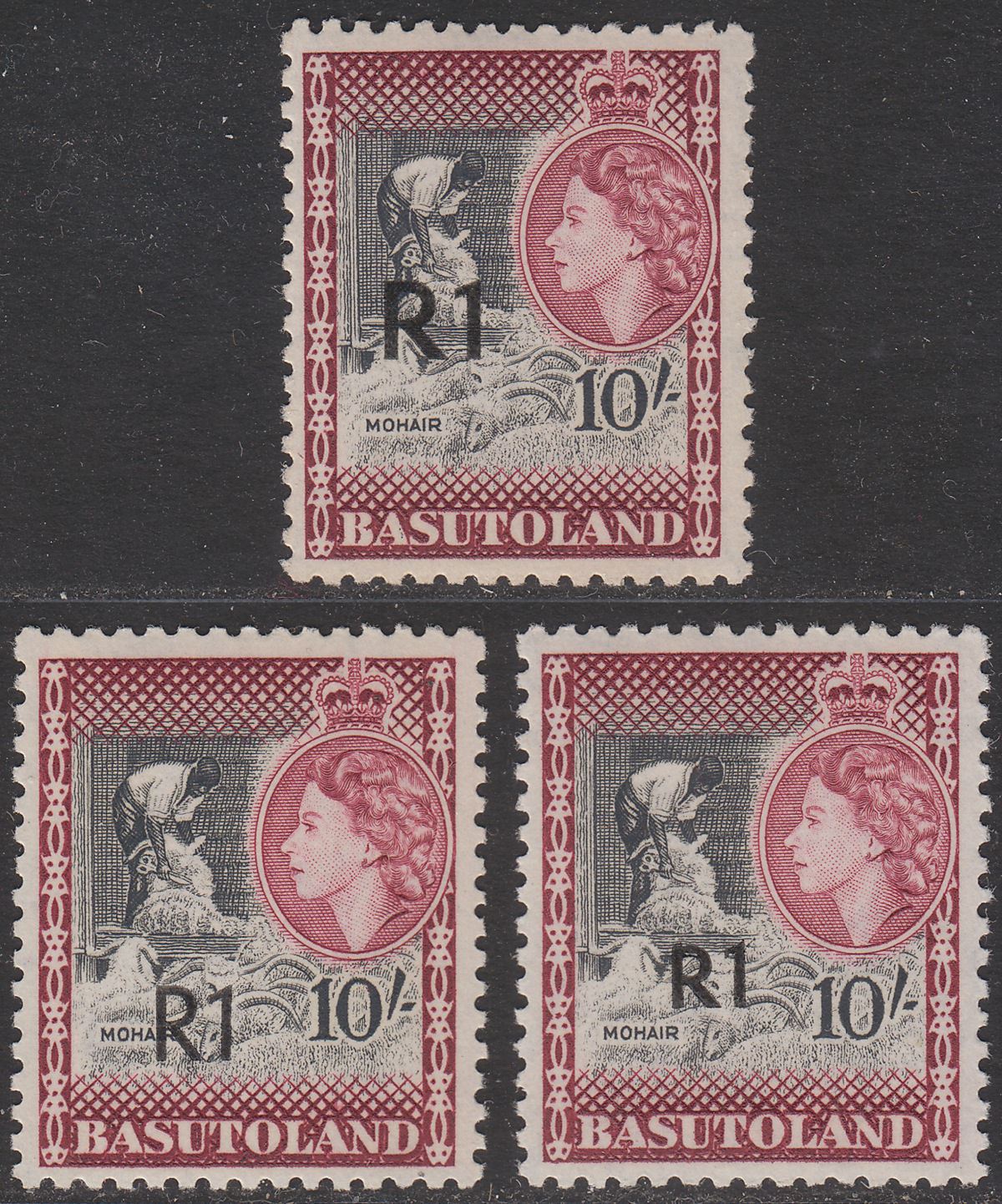 Basutoland 1961 QEII 1r Surcharge 10sh Type I, II and III Mint SG68-68b cat £170