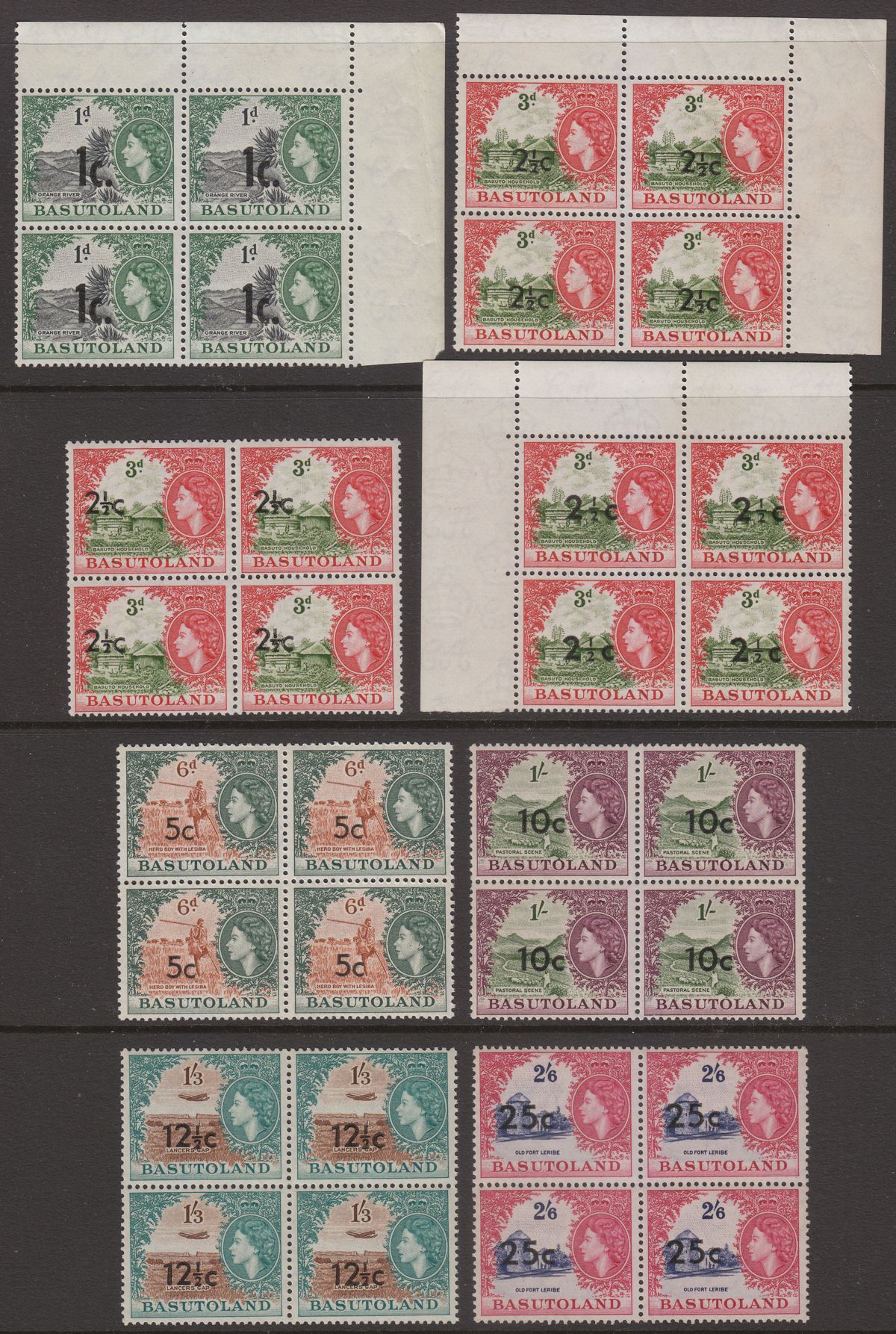 Basutoland 1961 QEII Currency Surcharge Part Block Set to 25c Mint