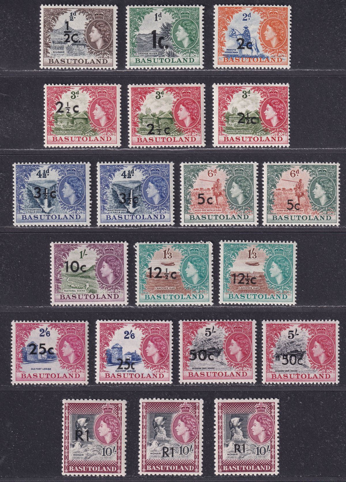 Basutoland 1961 QEII Currency Surcharge Set Mint SG58-68b with types cat £70++