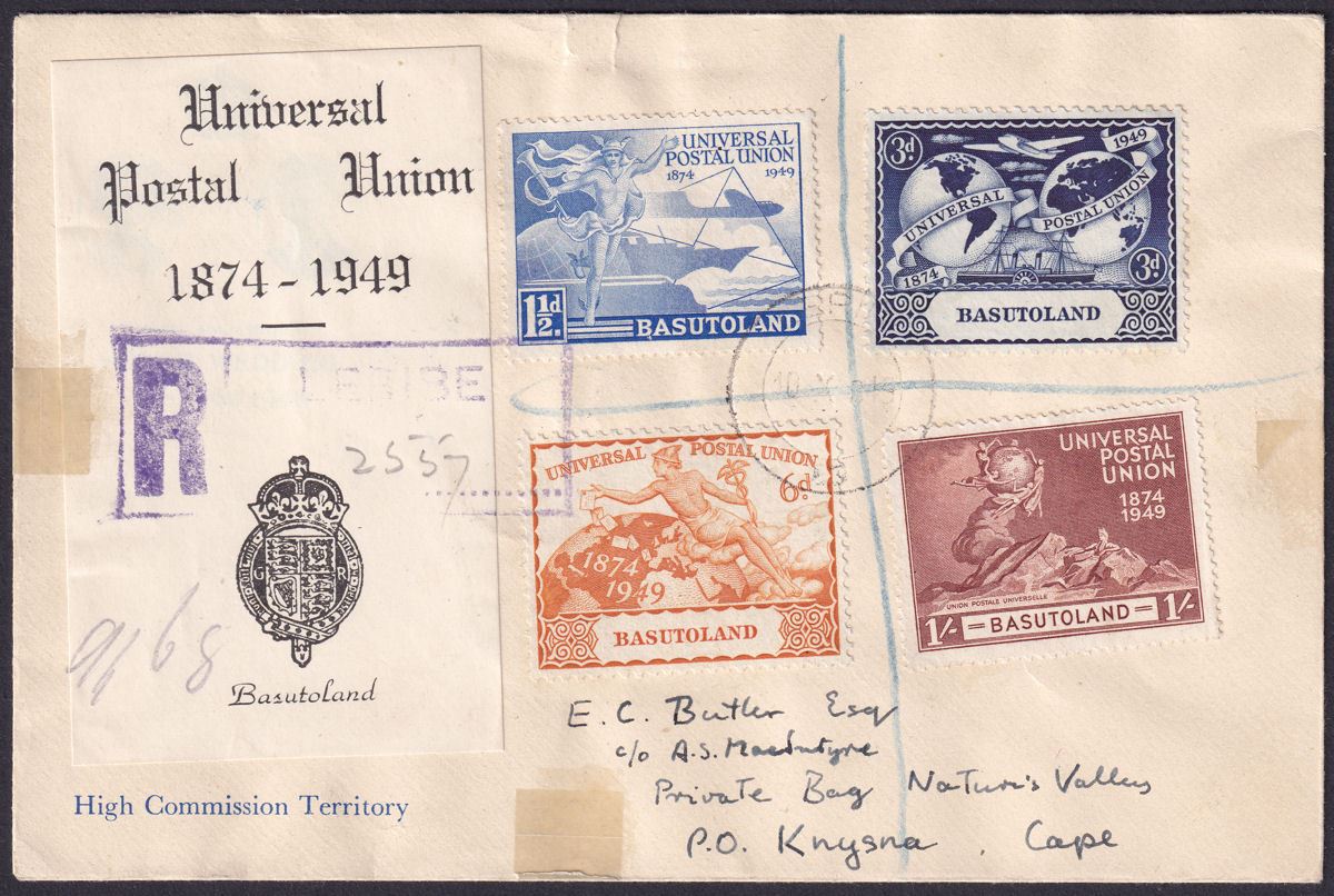 Basutoland 1949 KGVI 75th Anniv of UPU Registered First Day Cover Used