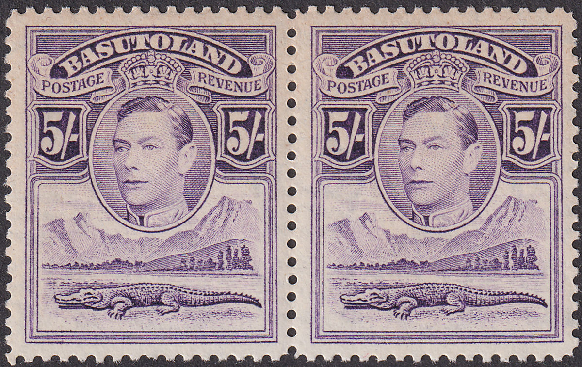Basutoland 1938 KGVI 5sh Violet Pair Mint SG27 cat £90v toning