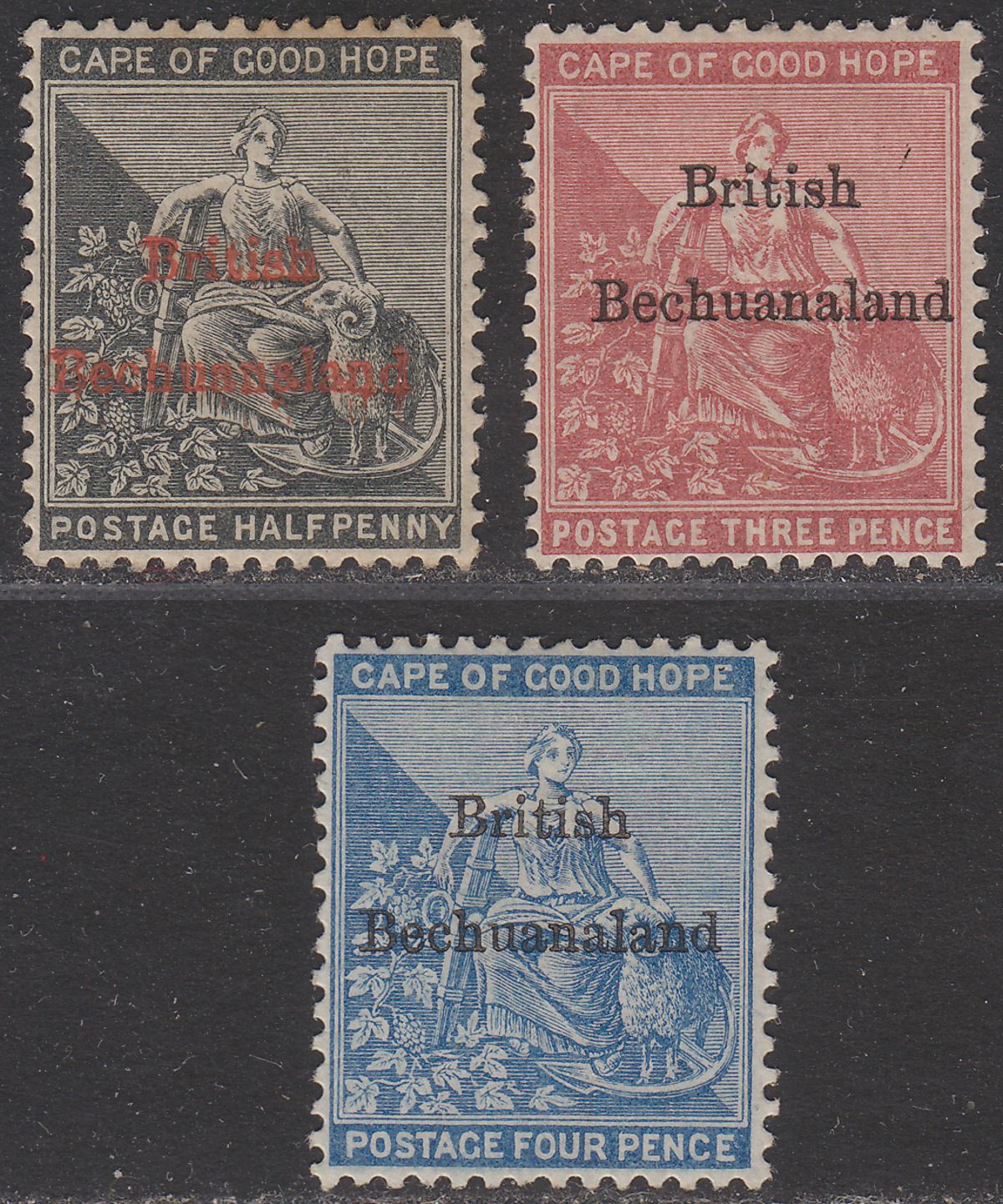 British Bechuanaland 1885-87 QV Overprint on COGH ½d, 3d, 4d Mint SG1-3 cat £190